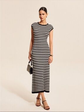 Commense Black and White Striped Knit Maxi Dress